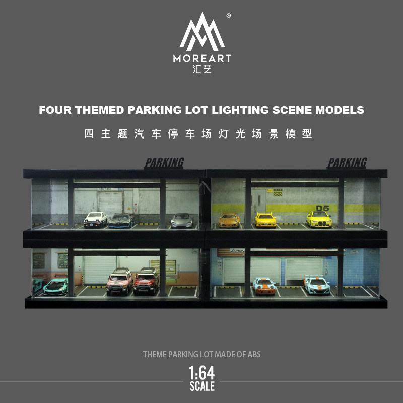 Model Kit Toy - 1:64 Vier-Themen-Autoparkplatz-Modellbausatz mit Beleuchtung Garage